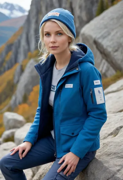 (masterpiece, best quality:1.2), 1 girl, swedish film character Rebecka Martinsson, solo, grey cotton fabric cargo pants, hiking boots, cap, (blue fleece jacket with firm labels, long sleeves:1.4), outdoors, white blonde hair, bright ice blue eyes, short haircut with side parting, hair tucked behind ears, (she climbs a rock face:1.4), sunny autumn swedish landscape, she looks concentrated, serious look, photorealism
