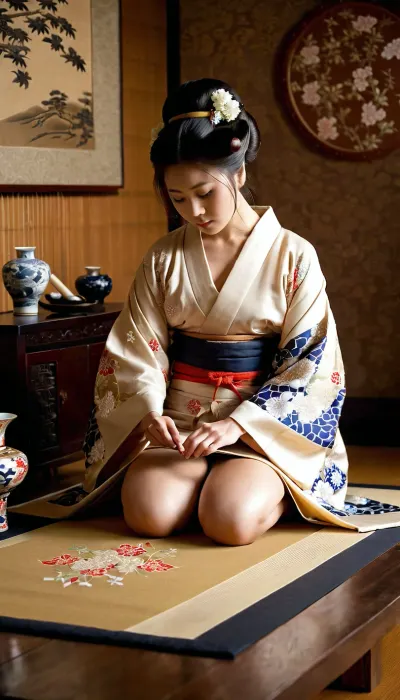 Japan, Meiji era, ((nude girl)), with traditional Japanese hairstyle, kneeling, An luxury silk kimono is spread out on a table in front of the girl, ((the girl is embroidering a traditional Japanese pattern on the kimono)), full body in frame, dark light, traditional Japanese room