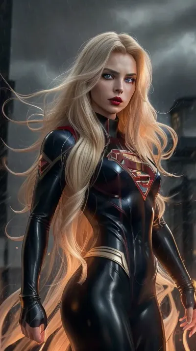 A striking and intense scene featuring Supergirl, who has been subjected to a sinister transformation and brainwashing. She stands confidently in a powerful combat stance amidst a torrential downpour. Her attire is a sleek, black-and-gold catsuit that clings to her perfectly proportioned, hourglass figure, highlighting her muscular yet feminine physique. Her face is delicate and small, framed by long, flowing blonde hair with deep black tips. Her piercing blue eyes, encircled by a golden ring, shine with an eerie intensity, contrasting with her dark red lipstick and the glossy, black leather-like texture of her skin. Behind her looms a massive Super-Hanger Jet, adding to the dramatic and ominous atmosphere of the scene. The rain cascades down, creating a dynamic and realistic visual effect, enhancing the mood of dark allure and formidable power.