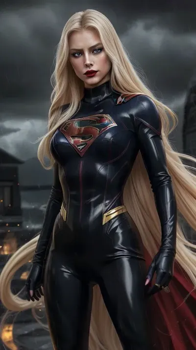 A striking and intense scene featuring Supergirl, who has been subjected to a sinister transformation and brainwashing. She stands confidently in a powerful combat stance amidst a torrential downpour. Her attire is a sleek, black-and-gold catsuit that clings to her perfectly proportioned, hourglass figure, highlighting her muscular yet feminine physique. Her face is delicate and small, framed by long, flowing blonde hair with deep black tips. Her piercing blue eyes, encircled by a golden ring, shine with an eerie intensity, contrasting with her dark red lipstick and the glossy, black leather-like texture of her skin. Behind her looms a massive Super-Hanger Jet, adding to the dramatic and ominous atmosphere of the scene. The rain cascades down, creating a dynamic and realistic visual effect, enhancing the mood of dark allure and formidable power.