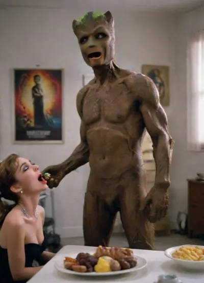 (Movie poster for a 1960s horor movie version of breakfast at Tiffany's:1.1), Left side view, White background, woman is being penetrated by groot, screaming, naked, anal sex, anal penetration, Jessica Rabbit, cum on body, cum on face, tiger is behind, standing sex, big groot, BigDaddy1024, <lora:MJ52:.2>, <lora:BigDaddy1024:.8>