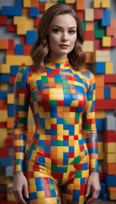 A beautiful woman wearing a skin-tight full-body suit with a Lego brick pattern, 3 d style
