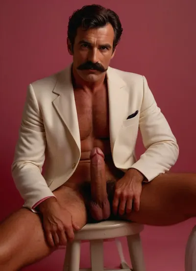 1980s style.Studio photo. Full body photo of a slim fit mature dark-haired French man with a big moustache wearing a white elegant jacket, white short tennis socks and white golf sneakers sitting on a white chair. His legs are spread and his long flaccid penis is visible. His legs are hairy. Pink studio background. longshot, long shot, zoomed out, @hrypctls1, hairy, handslora, <lora:xpenis-1.5e:.5>, <lora:@hrypctls1.v1.concept.sdxl_epoch_3:.2>, <lora:pein:.5>, <lora:MJ52:.3>, <lora:590198_training_data:.8>