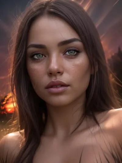 a close up of a maori woman with a very pretty coquettish face, a detailed photo, a photorealistic photo, realistic cute girl photo, realistic night vision parallax double exposure photo style, realistic night vision, parallax, double exposure 3 d style, in the argentinian pampas, dramatic red sunset with long shadows, she dances and poses, realistic highly detailed eyes with {brown} iris, (tiny_breasts:.1), night vision, double exposure