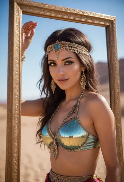 a closeup of a hot slender moroccan bellydancer in the desert, a reflection in a mirror