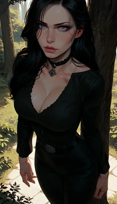 masterpiece, best quality, high resolution, hires, score_9, score_8_up, score_7_up, score_6_up, (Yennefer:1.4), incase, style, ratatatat74, solo, view from above, close up, black clothes, large breasts, wide hips, thick thighs, black pants, standing, looking at viewer, serious expression, serious, leaning against tree, day, detailed, forest, <lora:287175_training_data:1.5>, <lora:ratatatat74-000050:1.3>
