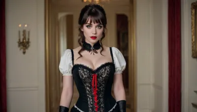 ((full body in shot)), ((brunette with a fringe)), ((skinny body)), A vintage-style full-body portrait of a vampire woman dressed in an elaborate Victorian-era inspired costume, exuding elegance and charm with a touch of theatrical flair. The outfit features a structured white corset with black beaded detailing along the neckline, creating a sophisticated and glamorous contrast. The corset accentuates her figure, while the black lace gloves add a delicate yet bold element to her look., (She has ample cleavage), ., (Dribble of blood from her mouth), (She has vampire fangs), .Photorealistic, wide angle