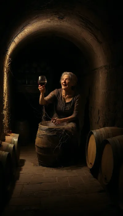 masterpiece, best quality, highres, (photorealistic:1.4), Wine cave, cellar, cobwebs, dusty, dingy, webs, Barrels of wine, wine cellar, wine barrel, 100 year old elderly woman in peasant clothing, drinking, tasting, Glass of dusty wine, dirty wine glass, wine glass, wine, c3ll4r, spiderweb, cobweb, full body photo, highly detailed face, Dungeon, <lora:add-detail-xl:.8>, <lora:wine_c3ll4r:.8>, <lora:spiderweb:1>, <lora:JJsDungeon_XL:1>, <lora:dark:.3>, toothy smile