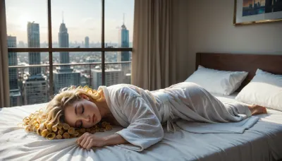 A white bedroom, window, city behind window, white bed, blue sheets, sunshine

An angelic young woman, long gold curls, wearing silky white bathrobe, sleeps in bed, on her back, eyes closed, full body