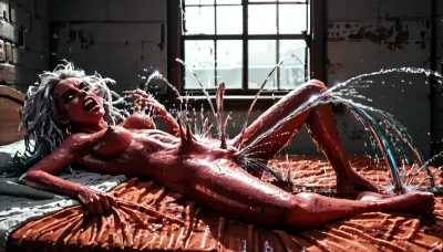 A red bedroom, window, hell behind window, fires behind window, white bed, red sheets, darkness

An demonic young woman, DonMD3m0nXL, long fiery curls, naked, lies in bed, on her back, head arched back, (wet:1.8), yelling, furious, grabbing sheets, open eyes, eyes glowing red, legs open, full body, black liquid, (squirts:1.9), from her pussy, <lora:HELL_SDXL-000014:.8>, <lora:DonMD3m0nXL-000010:.8>, a terrifying red demon with black wings emerges from her vulva, <lora:demonXL:.8>