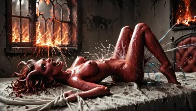 A red bedroom, window, hell behind window, fires behind window, white bed, red sheets, darkness

two characters

An demonic young woman, DonMD3m0nXL, long fiery curls, naked, lies in bed, on her back, head arched back, (wet:1.8), yelling, furious, grabbing sheets, open eyes, eyes glowing red, legs open, full body, black liquid, (squirts:1.7), from her pussy, <lora:HELL_SDXL-000014:.8>, <lora:DonMD3m0nXL-000010:.8>, over her a terrifying, red demonic male with black wings, horns, tusks, roaring, fiery penis, <lora:demonXL:.8>