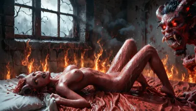 A red bedroom, window, hell behind window, fires behind window, white bed, red sheets, darkness

two characters

An demonic young woman, DonMD3m0nXL, long fiery curls, naked, lies in bed, on her back, head arched back, (wet:1.8), yelling, furious, grabbing sheets, open eyes, eyes glowing red, legs open, full body, black liquid, (squirts:1), from her pussy, <lora:HELL_SDXL-000014:.8>, <lora:DonMD3m0nXL-000010:.8>, fucking vaginally with a terrifying, red demonic male with black wings, horns, tusks, roaring, fiery penis, <lora:demonXL:.8>