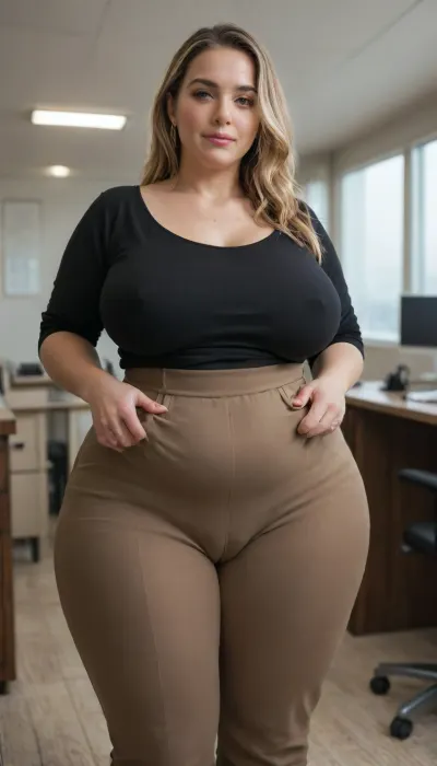 Obese mature milf, long brunette hair with blonde highlights, with a plump pelvis, wide hips, huge hips, and sagging, wearing black tight high waist pants, (FUPA), (bulging cameltoe), and a lowcut vneck black blouse standing in an office