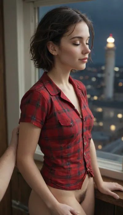 High image quality, Night, old lighthouse, old wooden window, view from a great height, city from a great height, black-haired woman in a red plaid shirt with a very short pixie haircut, very black hair, slender, narrow hips, small breasts, slightly smiling, suitable for a kiss, very close, hands On my shoulders, eyes closed, mouth slightly open, hairy pubis POV
