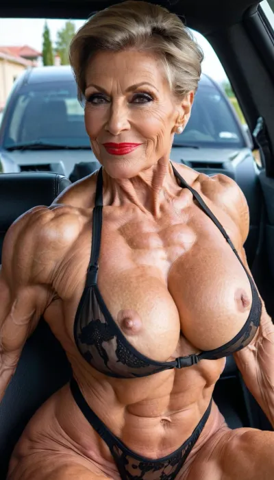 close up tits, wrinkle long tits, side view, black hair, granny sex, close up mouth, very old granny, naked big boobs, sitting in a car, sexy mouth, little open the mouth, red lips, wearing a black bathrobe, wearing a black net bodysuit sport dress, very hard very defined muscles, close up maximum big boobs, side view smile gilf, Monica Martin, lipstick, close up hard muscle stiration, skinny hard muscle body, very broad big mouth, ginger ponytail hairstyle, hair, happy swedish heavy strong muscle woman gilf, milf, dark smokey eyes, close up body, very big hanging round massive boobs, fitnessmodel gilf, milf bodybuilding legs very muscle stiration, gilf wrinkle face, big saggy breat, stands with spread pussy from front, half side view, marina beaulieu milf, extremely muscular gilf, with wide muscular shoulders, abs, high muscle definition, very thin fat free skin, massive bodybuilding milf, bulging lips, granny want sex, wide mouth, round big boobs, smile gilf, from rear view, very short pixie blackginger, muscle_bimbo, granny lady, <lora:Muscle_Bimbo_SDXL:.1>