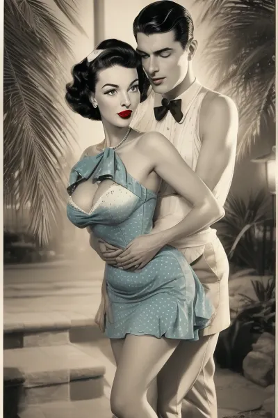 Young beautiful woman engaging in anal sex with a man in retro pin-up style, masterpiece, best quality, high resolution, ultra-detailed, HDR, soft lighting, vibrant vintage colors, high contrast, 1950s aesthetic, 8k wallpaper, elegant composition, retro styling, palm trees in the background, smooth stone pathway, stylish environment.
Age 21, slender figure, perfect proportions, very wide hips, larger D-sized breasts, narrow waist, toned arms, smooth glowing skin, youthful appearance with no signs of aging or wrinkles.
Retro styled hair, voluminous curls, pinned up with a red bow, glossy and perfectly groomed, full lips with bright red lipstick, bright blue eyes, long eyelashes, high cheekbones, flawless smooth skin, enhanced facial detailing, finely defined features, no signs of aging, no wrinkles, natural makeup with vintage glamour, captivating gaze directed at the viewer, playful and flirty expression.
Wearing a vintage short dress, tight around the waist, emphasizing her wide hips and D-sized breasts, playful polka dot pattern, 1950s style with a full skirt, accentuating her hourglass figure, elegant straps, no jewelry, simple yet charming pin-up outfit, high heels.
Engaged in anal penetration with a man positioned behind her, clear anal penetration, the woman's back arched, hips raised, legs spread wide, deep anal penetration visible, the man's body fully aligned behind hers, maintaining a firm grip on her hips, visible thrusting motion, all limbs naturally and correctly positioned, no contradictions in the interaction, correct anatomy for both figures, natural body posture, harmonious proportions with attention to physical interaction details.
Standing on a night promenade, modern architecture with a retro twist, warm ambient lighting from nearby lamps, subtle reflections on the stone pavement, soft shadows cast by surrounding lights, calm and serene atmosphere, slight breeze moving the trees in the background, retro details in the environment.
Emotions are playful, confident, and flirty, looking directly at the viewer, classic pin-up pose while engaged in sexual activity with detailed and realistic anal penetration.