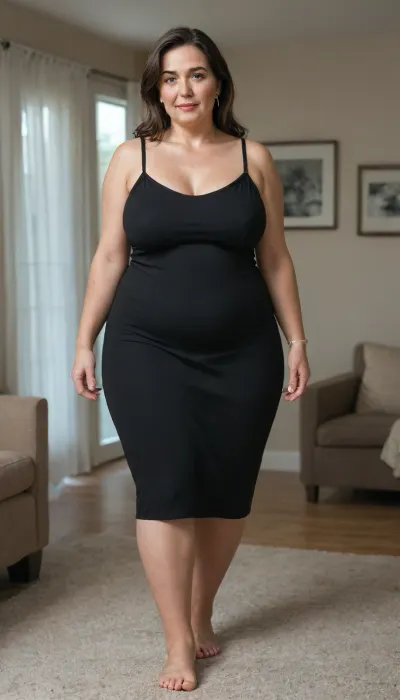 (Gilf:1.3), 60 years old, Fat, obese, overweight, mature milf, she is looking at the viewer, light blue eyes, (long brunette hair with dark blonde highlights), with a plump pelvis, wide hips, huge hips, saggy, (wearing black spaghetti strap black sundress with a deep v-neckline), walking in a living room, 1/4 side view