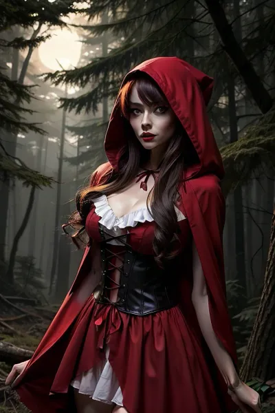 a hot slender Little Red Riding Hood in the dark forest, a wulf on here side