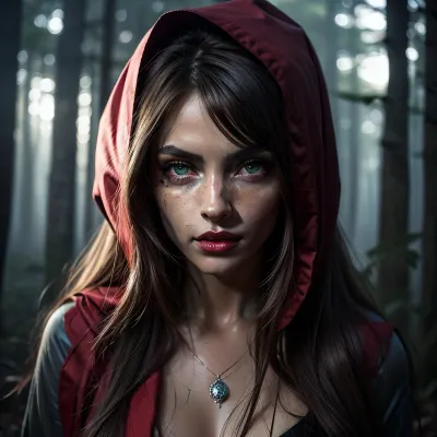 a cloeeup of a coquettish slender hot Little Red Riding Hood in the dark forest, a wulf on here side, dark mood, topless, realistic highly detailed large beautiful crystal eyes with light glowing {brown, blue, green} iris, heartshaped lips, freckles, lip gloss, aroused skin, olive skin, dramatic sunrise, ground-fog, fog, darkness mood, a detailed photo, a photorealistic photo, realistic pretty women photo, realistic night vision parallax double exposure photo style, she stay in the background
