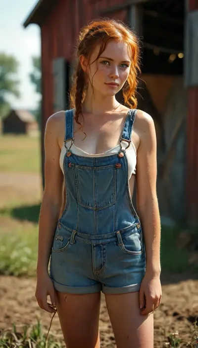 Sexy ginger farmer's wife, 29-year-old, overalls with no shirt, saggy breasts, cutoff_overalls_shorts, long toned legs, large breasts, cleavage, cowboy_boots, in a corner field, old_red_barn, braided_pigtails, freckles, tanned, sexy smile, horny, bimbo, nympho, sweaty, dirty, <lora:add-detail-xl:.8>, <lora:MJ52:.8>
