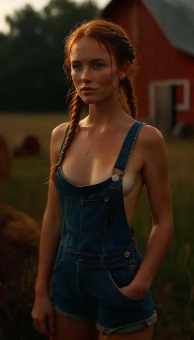 Sexy ginger farmer's wife, 29-year-old, overalls with no shirt, saggy breasts, cutoff_overalls_shorts, long toned legs, large breasts, cleavage, cowboy_boots, in a corner field, old_red_barn, braided_pigtails, freckles, tanned, sexy smile, horny, bimbo, nympho, sweaty, dirty, <lora:add-detail-xl:.8>, <lora:MJ52:.8>