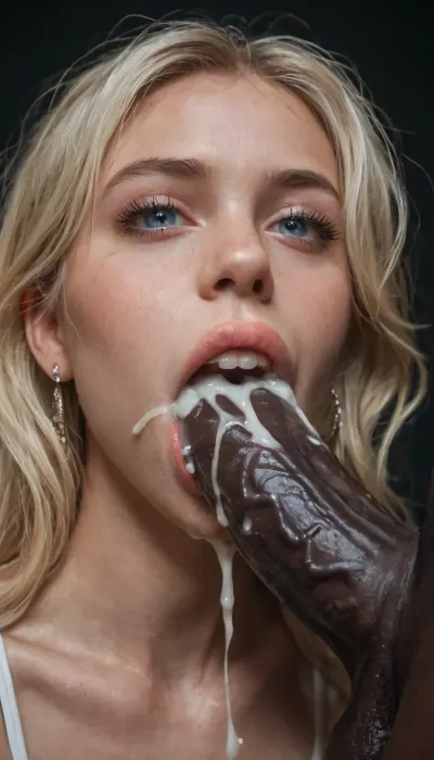 Lot of cum in mouth, Realistic, skinny whiteblonde anorexic girl, mouth close-up, sperm overflows from mouth, too much to swallow, greedy mouth, cum hungry, giant black dick monstercock