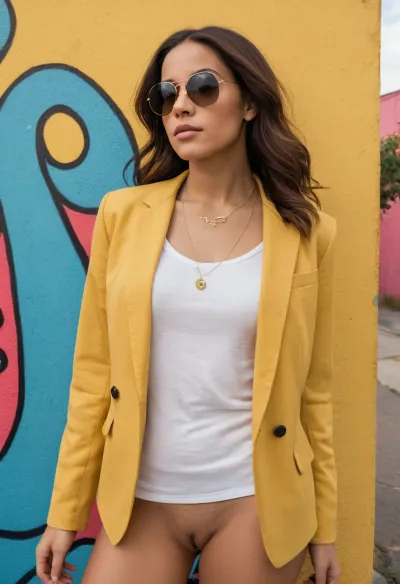 A young woman, light-skinned, is centered in the image, positioned slightly to the left of center. She is looking off to her right, and the image is a three-quarter view. Her hair is shoulder-length, dark brown, and smooth. She is wearing sunglasses. Her expression is neutral and friendly. She is naked. She's wearing a mustard-yellow jacket with off-white sleeves and no cloth underneath, showing her tiny tits. . She's wearing a simple necklace. Her body type is slender and average build. She is standing in front of a colorful, vibrant mural painted on a wall. The mural is composed of various abstract shapes, and bright, bold colors are used. The colors include bright blues, yellows, greens, and pinks. The wall is covered in graffiti-style art. The lighting is bright and outdoor, suggesting a sunny day. The composition is centered on the woman and uses the mural as a background. The perspective is slightly above the subject. The overall atmosphere is casual and relaxed. The style of the image is a snapshot, natural and friendly.