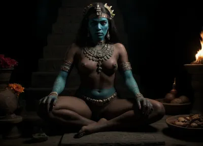 Half body view, focus on a ceremonial Aztec stone tablet, (((in the background is an Aztec pyramid))), Aztec priestess in a ritualistic outfit sits upon a carved stone chair, ((she has turquoise bodypaint streaking across her body and face)), (((she has prepared some tributes to the Gods that lay upon a stone tablet, these tributes are a collection of foods, flowers and pottery))), ((it is night time, dark skies, starry night, darkness, nighttime, fire by night)), the priestess is highlighted by a large flame from a firepit, <lora:dark:.8>