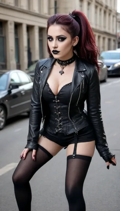 ((18 year old girl has squatted down on a street), (black short jacket, no panties, no shorts, black stockings, black strappy high heels:1.4)), Bavarian, (dark-brunette, infant virgin face:1.4), big blue beauty and pretty blonde girl, long high ponytail hair, dominatrix, perfect very huge boobs, massive breasts, perfect ass, perfect body, black tight white blouse bare breasts, black tight leather underbust corset, dark red brown leather tight miniskirt, very short mini skirt, black military boots, leather necklace, black leather gloves, tight red brown leather jacket, gold earrings, dark gossip violet lips, light violet eye shadow, long dark eyeliner, (gothic makeup:1.6), street background, walking by the street, (complete view:1.9), camelltoe, arms up. Whip
