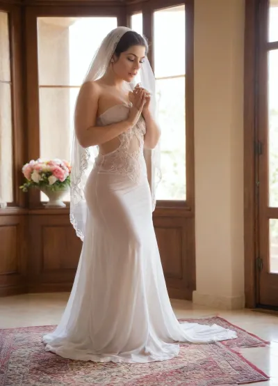 A serene and ethereal moment in a traditional Iranian wedding setting. A curvy Iranian slut bride stands gracefully in her sexy cutout wedding gown, the delicate fabric flowing around her, emphasizing the softness of her curves. Her face is calm and radiant, her expression serene yet full of quiet joy. The soft golden light of the afternoon sun pours in through the window, casting a gentle glow on her skin. She stands alone in front of a mirror, adjusting her veil, her hands delicate and tender, as if revering herself in this sacred moment. The room is decorated with soft, pastel colors — a mixture of traditional Persian elements like intricate rugs, floral arrangements, and gold jewelry. There is a sense of purity and elegance in the air, capturing the essence of a woman on the threshold of a new life. The focus is on the timeless beauty of the bride, her curves a symbol of grace, strength, and femininity, all highlighted by the soft, natural light and the quiet solemnity of the moment.
