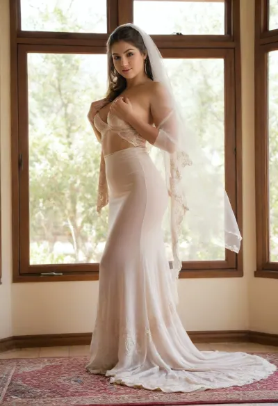 A serene and ethereal moment in a traditional Iranian wedding setting. A curvy Iranian slut bride stands gracefully in her sexy cutout wedding gown, the delicate fabric flowing around her, emphasizing the softness of her curves. Her face is calm and radiant, her expression serene yet full of quiet joy. The soft golden light of the afternoon sun pours in through the window, casting a gentle glow on her skin. She stands alone in front of a mirror, adjusting her veil, her hands delicate and tender, as if revering herself in this sacred moment. The room is decorated with soft, pastel colors — a mixture of traditional Persian elements like intricate rugs, floral arrangements, and gold jewelry. There is a sense of purity and elegance in the air, capturing the essence of a woman on the threshold of a new life. The focus is on the timeless beauty of the bride, her curves a symbol of grace, strength, and femininity, all highlighted by the soft, natural light and the quiet solemnity of the moment.
