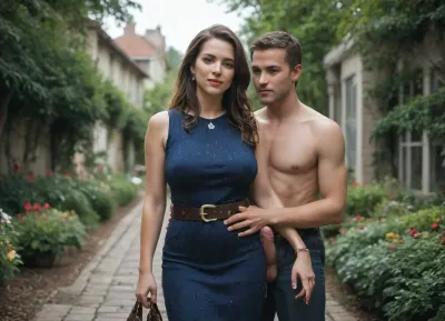 European mature 60yo woman, black long hair, wearing dark blue dress, belt, always wearing clothes, doing a pose of arching back, (nude man puts his dick on her bag, still wear a dress), Wear a dark blue dress, The penis is on the dress., (cum on skirt:1.2), Location is garden by house