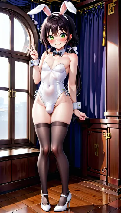 a sexy slender chinese femboy, 25 years old, necklong black hair, green eyes, flatchested, white bunnygirl suit, white highheels, white bunnyears, black fishnet stockings, full body, smiling, happy, chinese round window, bulge in panties, little bulge, blushing, bashful, 1, 45cm tall, cute