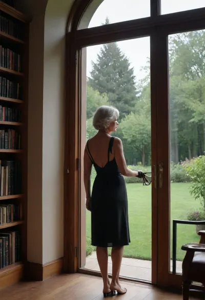 70 years old woman dressed in black classic dress standing and watching thru the window in dark library. Out of window 35 years old nude man, deep tanned, gardener man working with grass trimmer, erected penis with metal cock ring. Only man fully nude. Sunny day. Man naked, erected penis.