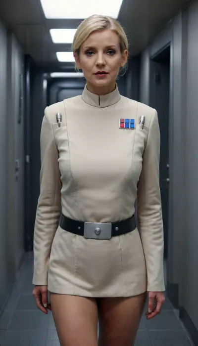 55 years old mature lady, Very attractive, blonde short slicked knot hairstyle, Imperial, officer, wearing, a, (color), uniform, short tunic that makes her genitals visible, nude genitals no pants on, naked genitals, walking in a death star hallway background, <lora:Imperial Officer:.7>