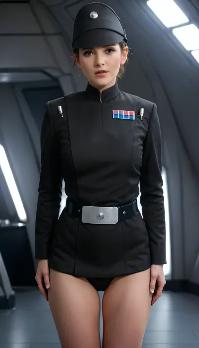 35 years old milf lady, Very attractive, short slicked hairstyle, Imperial, officer, wearing, a, (black), uniform with imperial officer hat, short tunic that makes her genitals visible, nude genitals, ((no pants on)), ((naked visible genitals)), dark spaceship background, skirtlift, <lora:Imperial Officer:.8>, <lora:skirtlift_xl:.3>