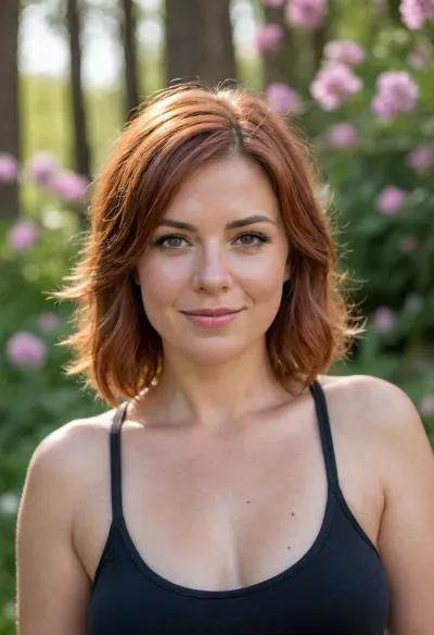 A professional nude romantic portrait photography of a beautiful adorable chubby Italian 39 year old, (sweaty:1.6), milf, in the blooming summer park. She has tanned skin, ((round face)), blushing cheeks, charming, ((hazel eyes)), perky tits, thin eyebrows, happy smile, bright red hair, freckled face, wavy hair, ((long Bob haircut)), . Helios lens, very detailed, shallow depth of field, flowers in the background, vivid colours, ultrarealistic, masterpiece, wild bokeh. Back view.
