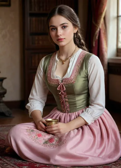 (masterpiece, best quality, photorealistic, ultra-detailed), 1girl, Aisylu Sharafieva, 19 y.o., Tatar, light olive glowing skin, brown almond-shaped eyes, glossy black hair in braid over shoulder, soft symmetrical face with pink lips, fitted embroidered tunic snugly outlining her chest, vest open slightly at collar revealing collarbones, wide skirt drawn close to legs with subtle drape, seated on knees on rug next to brass samovar, one hand on lap, the other holding small porcelain cup, faint smile and gentle blush, warm glow from carved wooden window, rich colors from tapestry reflecting on her form, cinematic lighting, <lora:add-detail-xl:1.2>