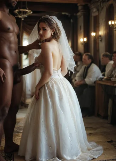 full body image, interracial cuckold image, interracial, bbc, big black penis, spanked hard., (white cuckold man sittin on her kness and cry), . A high-end, modern bridal portrait of a slightly curvy Iranian bride in a luxurious white wedding gown with subtle Persian-inspired embroidery. She is posing gracefully in front of a warm, golden-hour lighting gently highlights her features. Her makeup is a refined blend of traditional Iranian elegance and modern beauty trends. She wears delicate gold jewelry and a light lace-trimmed veil. The photo is taken with a shallow depth of field, Several naked Arab black men are lined up for the bride. cinematic mood, and a soft, glowing tone that emphasizes confidence and warmth. Studio-style composition with clean, upscale aesthetics., <lora:MJ52:.8>, <lora:gloomy_blue_aesthetic:.8>, giger, <lora:hrg:.8>