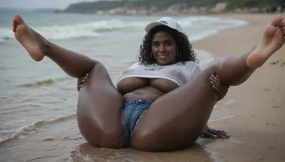realistic photo, high detailed, full body view

50yo, obese, big head, african girl, black skin, (black skin:2.4), long curly wet hair, cameltoe, underboob, white wet shirt, long legs, thick lips, voluptuous saggy tits, jeans, wet hotpants, laying in deeper water, legs up, smiling

colar, earrings, white baseballcap, enormous high surf, enormous turbulent sea, high white topped waves, clear blue sky, bright sunlight, blurred background