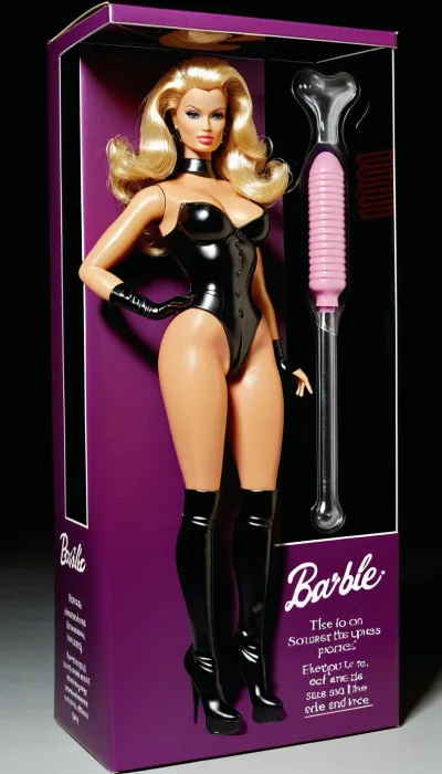Create a very realistic 3D toy action figure of, [Barbie], [Dominatrix], . Display them in a, [Dark Purple], vintage-style packaging. The packaging should feature a clear plastic front to showcase the figure and their carefully curated accessories, with absolutely no duplicates. The font on the packaging should have a slightly vintage style, using white text to highlight on one line, [Stern Dominatrix], and their title on the second line. The overall aesthetic should resemble '80s/'90s vintage packaging. Figure Details, [Naked, Black Latex Boots, extremely huge breasts, Bimbo Woman, Blonde Hair, pubic hair as a small slim thin landing stripe], Outfit, [Naked but Sexy Latex Boots], Accessories should include, [Gagball, Buttplug, Dildo, Paddle, Whip, Ridingcrop, Vibrator], Packaging Design, The packaging should be a, with a clear plastic window to display the figure and accessories inside. The text on the packaging should be white and should use a slightly vintage font.

All accessories should be neatly displayed in individual blisters, each item in its own compartment to maintain an organised appearance.
sexdoll

Be careful that all text can be read correctly and is wirrten correctly as typed in the text.