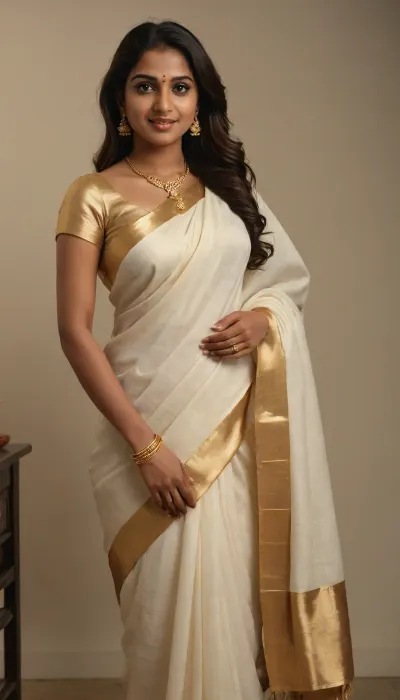 A woman in a traditional Kerala kasavu saree, (gold-border white fabric), stands in a minimalist studio, surrounded by soft, diffused lighting that highlights the saree's intricate texture and golden jewelry. Her pose is confident and graceful, with sheer silk fabric draped elegantly over her shoulders. She has warm brown eyes, a natural smile, and long brunette hair styled in loose waves. The focus is on the craftsmanship of the saree and jewelry, with ultra-realistic details in the fabric folds and metallic accents. Full-body view, photorealistic 8k, neutral and empowering tone., kasavu, saree, <lora:kasavu_saree:.8>, ring, chain, crystals, <lora:Jewellery:.8>