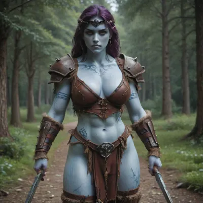 female drow elf barbarian, baldur's gate, dnd, bg3, tall, angry, busty, curvy, huge natural boobs, cleavage, big butt, hips, athletic, fit, vitiligo, strong, fur pelt armor, dungeons and dragons, purplish blue skin, black and purple hair, Dark, Elf, Warrior, <lora:Dark_Elf_Warrior:.8>, tattooed, scarred, purple eyes, uberfit, muscular, <lora:uberfit_lora_sdxl:.8>, blue skin, amazon, giant, fur barbarian armor, bloody, blood spatter, zavy-brbrn, <lora:zavy-brbrn-sdxl:.8>, <lora:339100_training_data:.8>, leather headband, Drow, <lora:Drow:.8>, 1girl, pretty