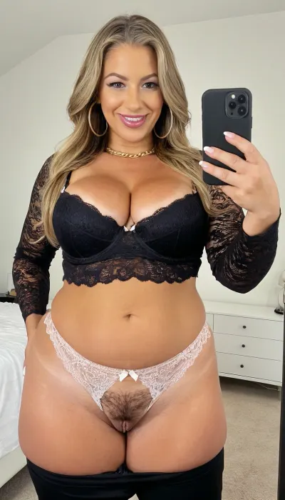 sexy and hot mature, 45 years old, glamour and fancy, make up, huge hoop earrings, necklace, dark blonde, long hair, very chubby, natural saggy tits, tan lines, culottes, wide hips, cellulites, looking at the camera, selfie, face focus, very sexy naught cute smile face, long sleeve lingerie, very sexy long sleeve lingerie, extreme hairy pussy, very hairy pussy, hairy groin, back view
