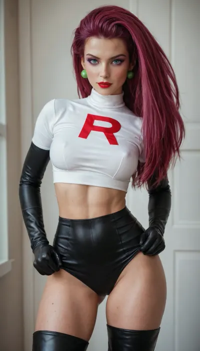 1girl, (Hiperrealistic style), amateur 8k photo, luxurious bedroom black theme, (Pokémon’s Team Rocket Jessie), (Pokémon’s Jessie Team Rocket outfit:1), (hiper detailed body), (25yo), (tall), (slim and fit figure), (narrow waist), (defined hips), (long toned legs), (firm butt), (moderate natural bust), (elegant, confident posture), (smooth fair skin), (toned but feminine physique), (very long magenta hair styled in a high side-swept coil), (large blue eyes), (soft purple eyeshadow), (red lipstick), (white crop top with a red “R” emblem), (white fitted miniskirt), (thigh-high black boots), (black satin opera gloves), surrounded by 6men mandhandling her, she’s pulling her miniskirt down.