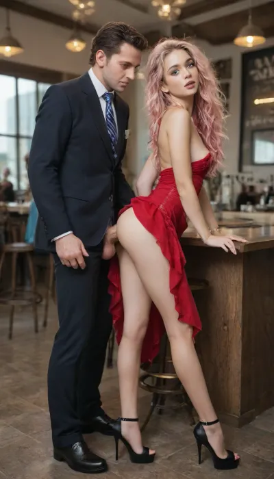 21 years old beautiful, stunning unique female character, beautiful model, slim, medium tits, skinny body, sparkling blue eyes, ((highlighted pink hair, long hair, messy hair)), long very shapely legs, escort girl, luxury restaurant, woman sitted at high stool, she is fucked from behind by a man in a suit, stunning red dress, black stockings, high heels fuck me platform, big penis, anal fuck, manpants opened, detailxl, look, at, me, prompts, <lora:SDXL_Sevenof9_7th_NSFW:.5>