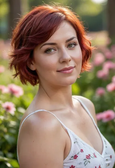 A professional romantic portrait of a beautiful adorable petite chubby curvy 39 year old, (sweaty:1.4), woman in the blooming summer park. She has tanned skin, ((round face)), blushing cheeks, charming, ((hazel eyes)), perky tits, thin eyebrows, happy smile, bright red hair, short wavy hair, ((pixie haircut)), . She is wearing a white sundress with red flower pattern. Helios lens, very detailed, shallow depth of field, flowers in the background, vivid colours, ultrarealistic, masterpiece, wild bokeh. Back view.