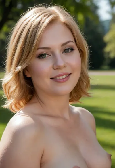 A professional high quality erotic art nude extremely detailed side view wide portrait of a slightly chubby petite strawberry blonde 39yo woman in a park on a summer day. Sunlight and shadow both lay on her face. She looks very natural. Her hair is detailed, short, straight, bob cut. Her small smiling wide-standing eyes are very dark gray, with long natural eyelashes, curious expression. Her cheeks are very round and blushing, her chin is big and square. Her nose is very wide, soft and curvy. Her lips are very thin, small mouth. She has a lovely and tender smile. She has wrinkles on her face., (((No makeup))), . Her skin is, (oiled:1.8), . No clothes, fully naked. Helios lens, bokeh.