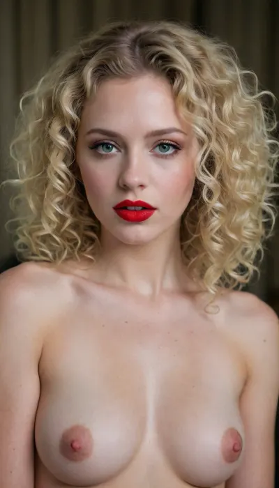 curly blonde hair, red lipstick, green eyes, pale white skin, naked