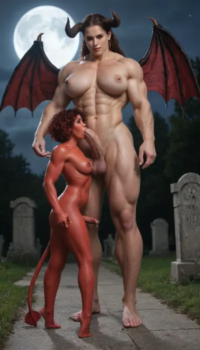 succubus with wings and horns, full view, all body, massive bodybuilder woman with huge bolt-on tits and fit toned body, (massive muscles:1.1), red skin, beautiful female feet, short messy redheads hair, walking in cemetery at night, moon, huge, cock, anime, hugest, man, ever, cumming, erect-futa, erect-penis, woman, testicles, erection, next to her there is a short man, waist-length, sucking her dick, <lora:255484_training_data:.8>, <lora:SDXLlora13ErFut:.8>